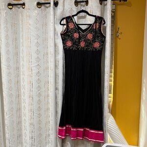 Floral Embroidered Black and Pink Maxi Dress